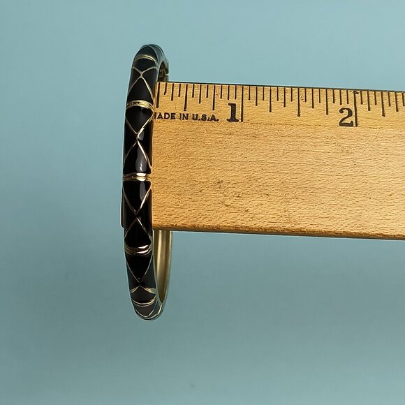 NORDSTROM Sequin Enamel Hinge Bangle Bracelet Clamper Black Gold Tone - Picture 5 of 6